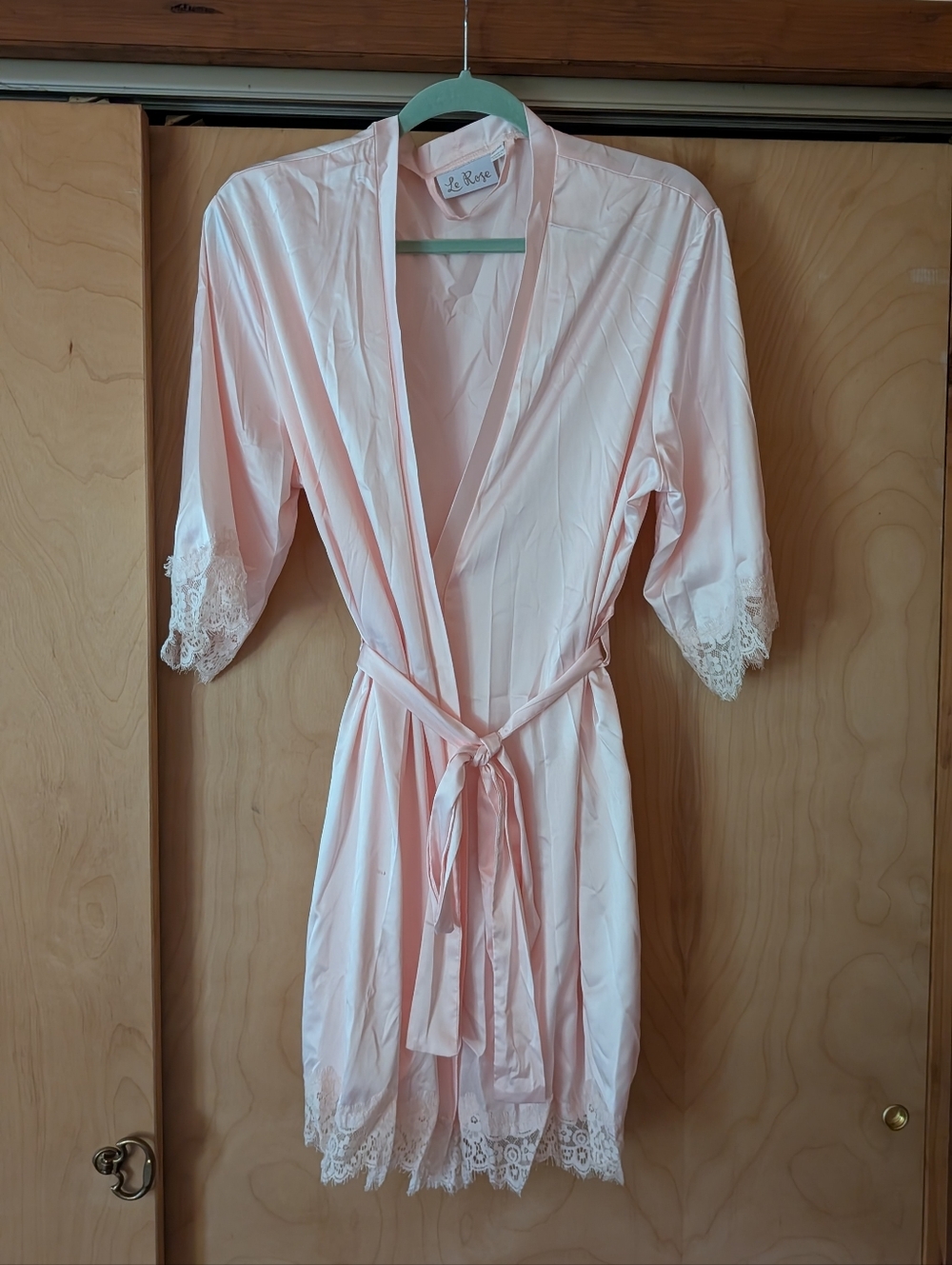 Light Pink Lace-Trim Satin Robe
